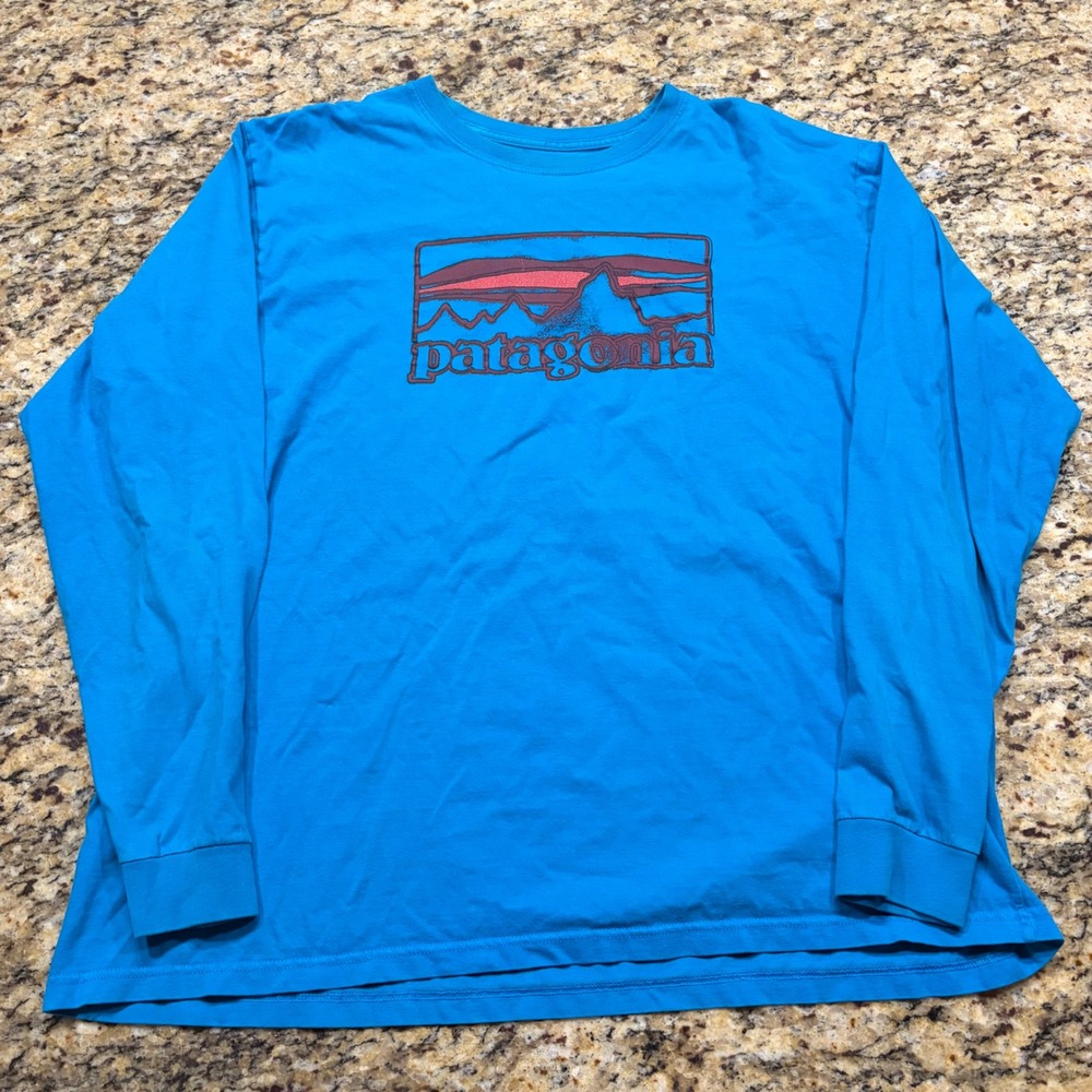 Patagonia Mens XL Long Sleeve Graphic T-Shirt Blue Fitz Roy Mountain Logo Tee ws